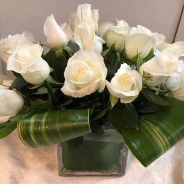 White roses arranged in a square glass vase with broad green leaves