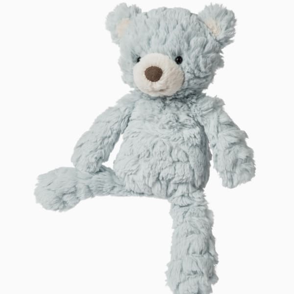 Light blue plush teddy bear with a white snout on a white background