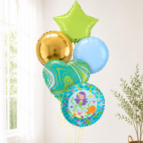 Cluster of colorful helium balloons with a mermaid design and star balloon