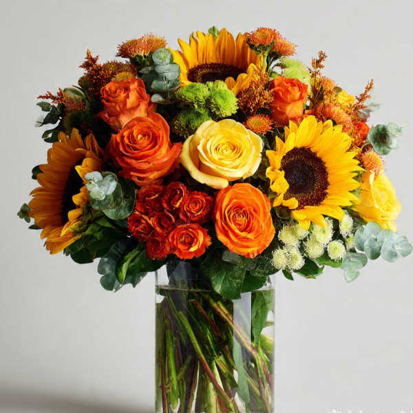 Bouquet of sunflowers and orange roses in a clear glass vase