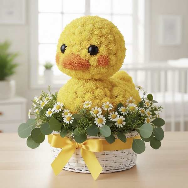 Yellow duck plush in a flower basket with daisies and ribbon