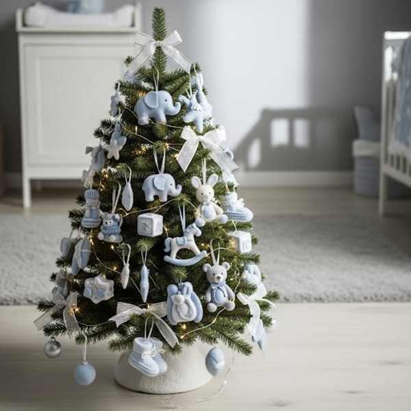 Small Christmas tree decorated with blue baby ornaments and white ribbons