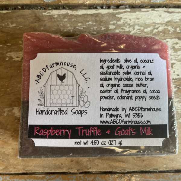Wrapped raspberry truffle and goat's milk soap bar