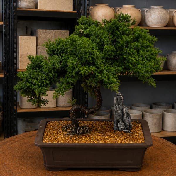 Potted bonsai tree in a rectangular planter with gravel top dressing