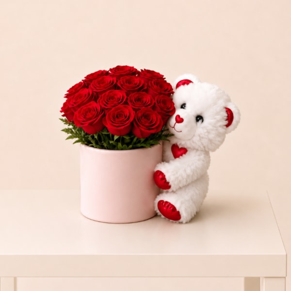 Rose Hat Box with Teddy Bear