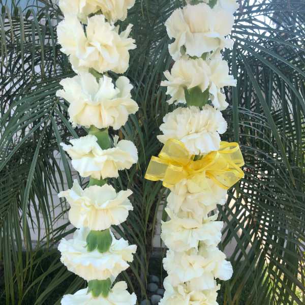 Two white flower leis with a yellow ribbon draped over palm fronds