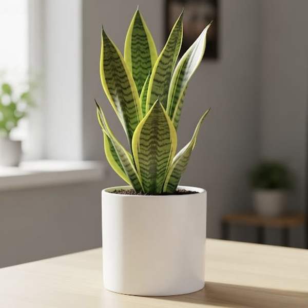 Potted snake plant in a white cylindrical planter