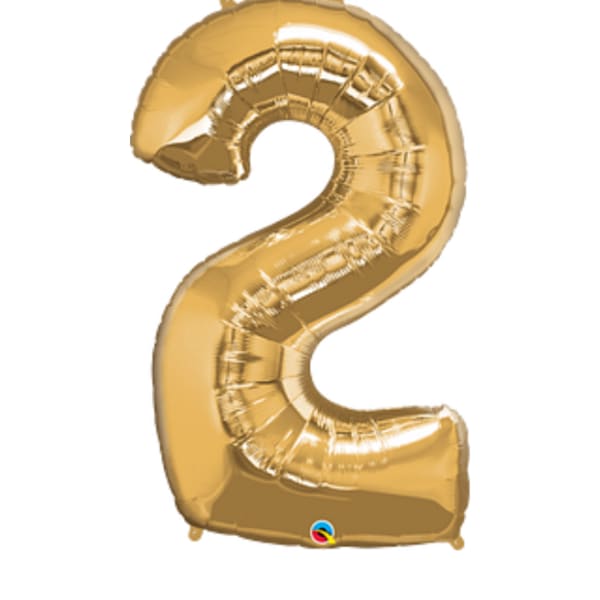 Gold foil balloon shaped like the number 2