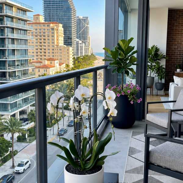 White orchids in a white pot on a balcony with city and ocean views.