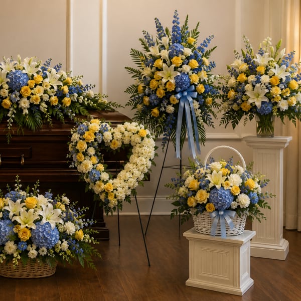 Funeral casket surrounded by blue, yellow, and white floral sprays