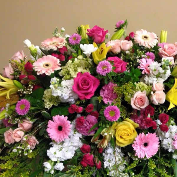 Large mixed bouquet with pink and yellow flowers