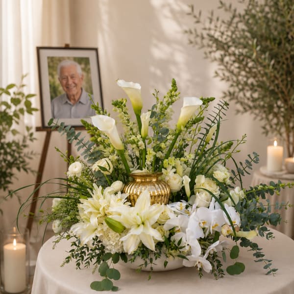 White floral arrangement with calla lilies, roses, and orchids in a gold vase