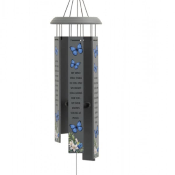 Hanging wind chime with blue butterfly and floral designs