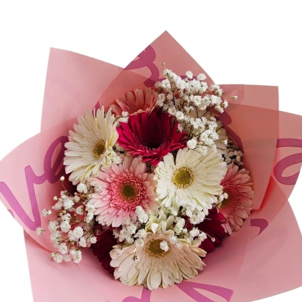 Bouquet of pink, white, and red gerbera daisies wrapped in pink paper