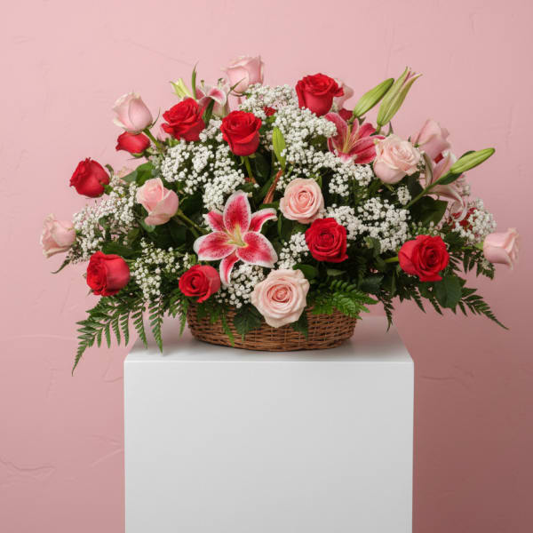 Basket arrangement of red and pink roses with lilies on a pink background