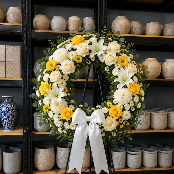 Yellow and white floral wreath on a black stand with a white ribbon bow