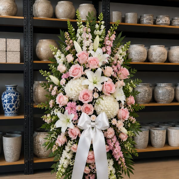 Standing floral spray with pink roses, white lilies, and a white ribbon bow