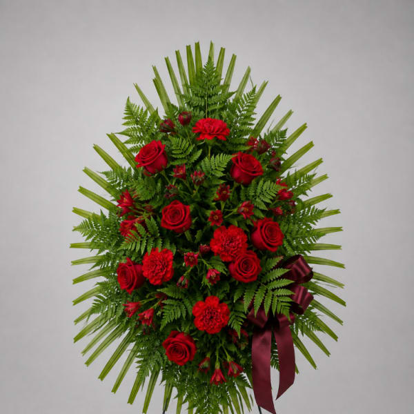 Standing floral wreath of red roses and carnations on an easel with a burgundy ribbon