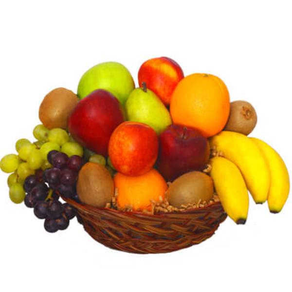 Fruit basket with apples, bananas, grapes, and kiwis