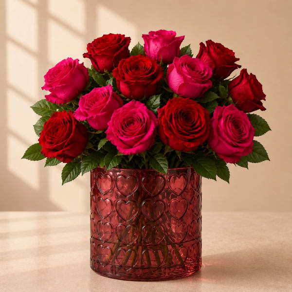 Red and pink roses arranged in a heart-patterned red vase