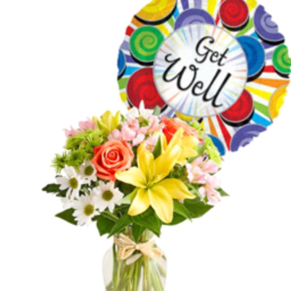 Mixed bouquet in a glass vase with a "Get Well" balloon
