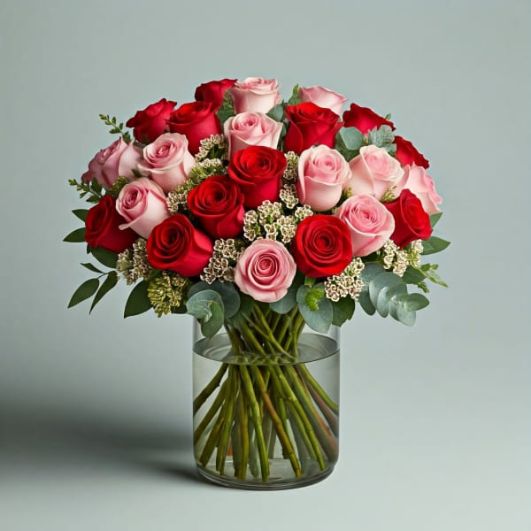 Bouquet of red and pink roses in a clear glass vase