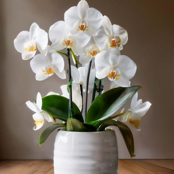 White orchid plant in a white ceramic pot