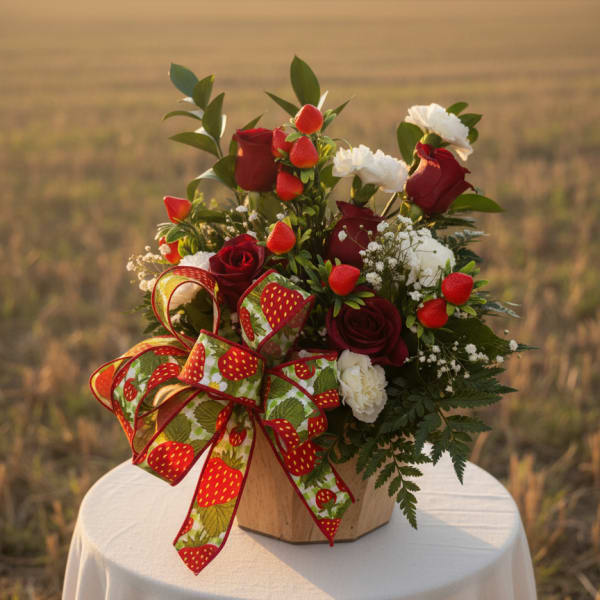 Basket arrangement of red roses and white flowers with strawberry accents and a large strawberry-print bow.