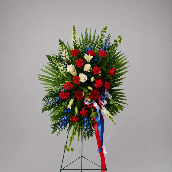 Standing floral wreath with red, white, and blue flowers on an easel
