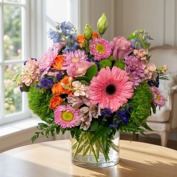 Mixed bouquet of pink, purple, orange, and blue flowers in a clear glass vase