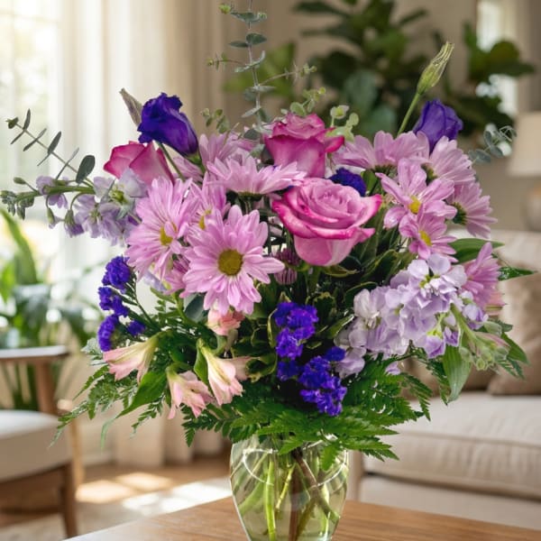Pink and purple mixed bouquet in a clear glass vase