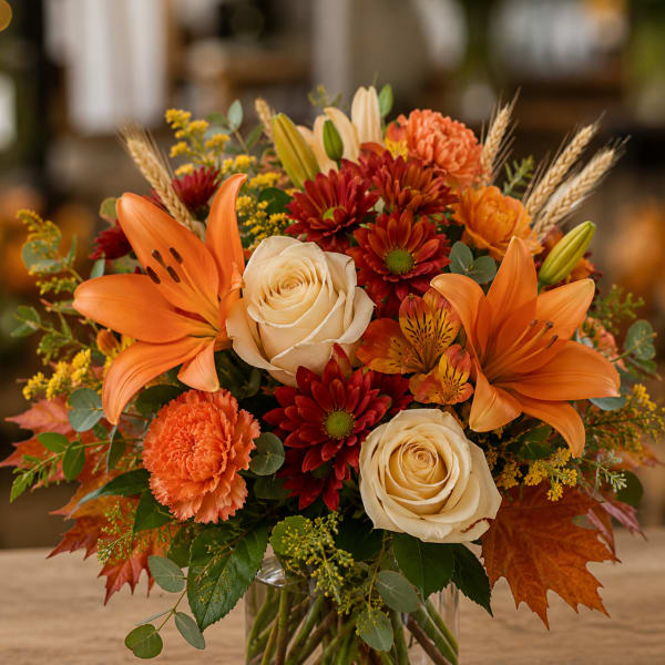 Autumn bouquet with orange lilies, cream roses, and red mums in a glass vase