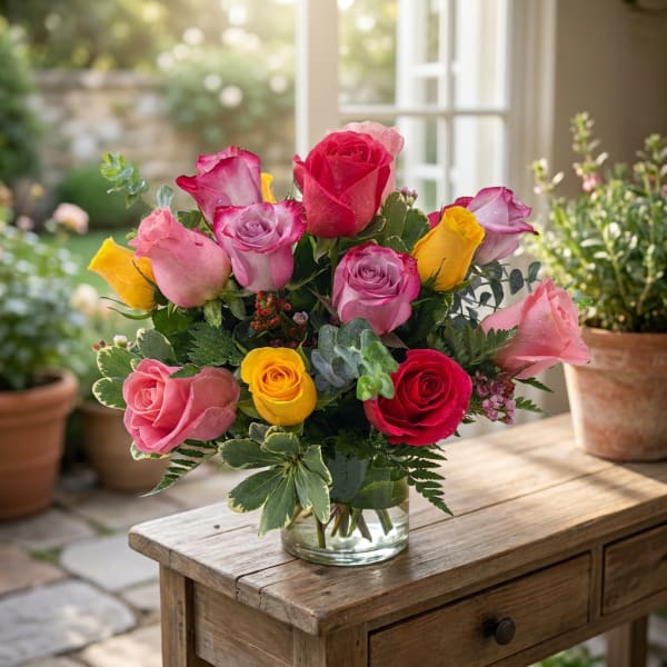 Mixed bouquet of pink, red, and yellow roses in a clear glass vase