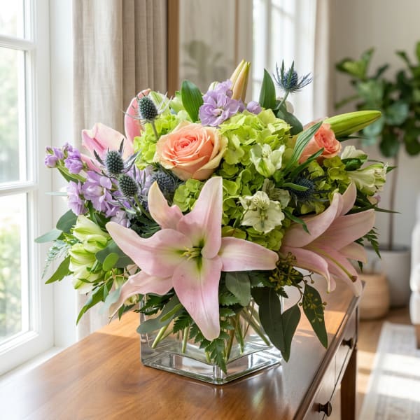 Mixed bouquet with pink lilies, peach roses, and green hydrangeas in a glass vase