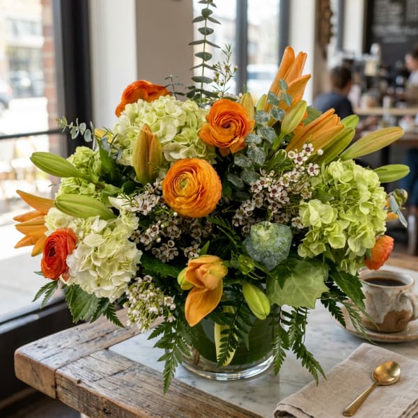 Orange and green floral arrangement in a glass vase