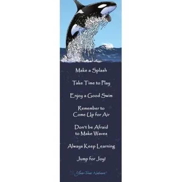 Bookmark with an orca jumping out of the water and text