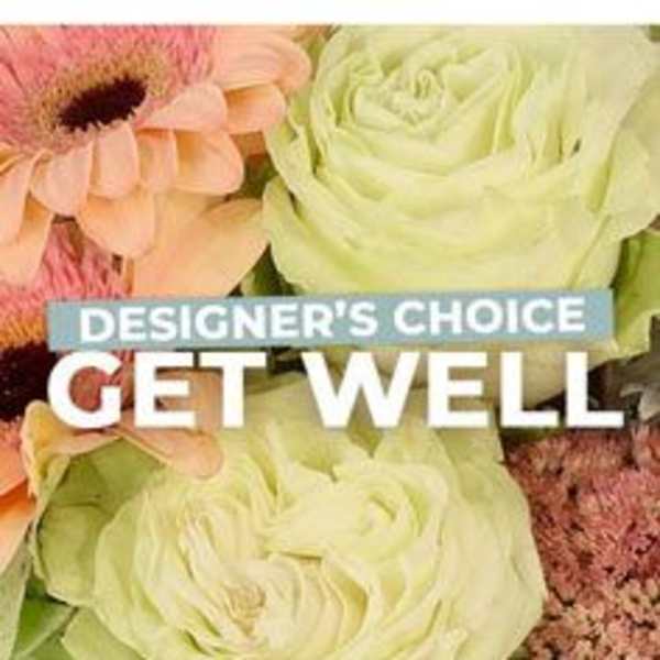Peach gerbera daisies and pale green roses with text reading Designer's Choice Get Well.
