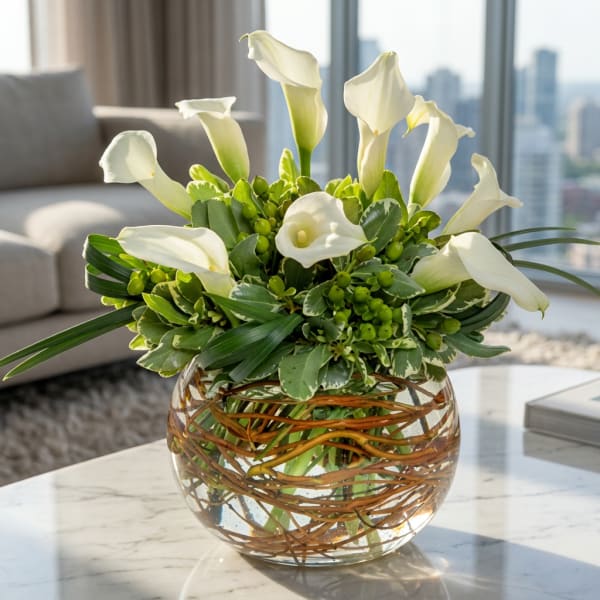 White calla lilies arranged in a round glass vase with green foliage