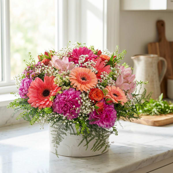 Mixed bouquet of pink, coral, and orange flowers in a white vase
