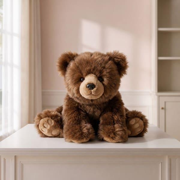 Brown teddy bear plush sitting on a white table