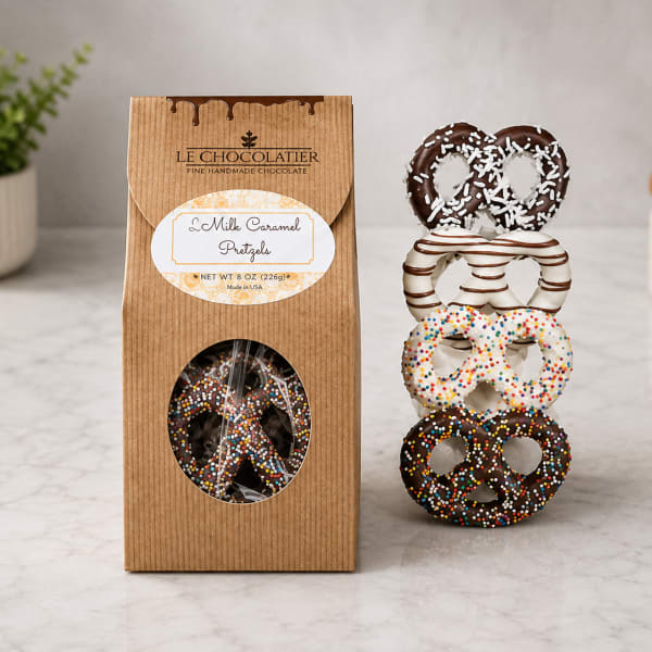Box of chocolate-covered pretzels with assorted toppings