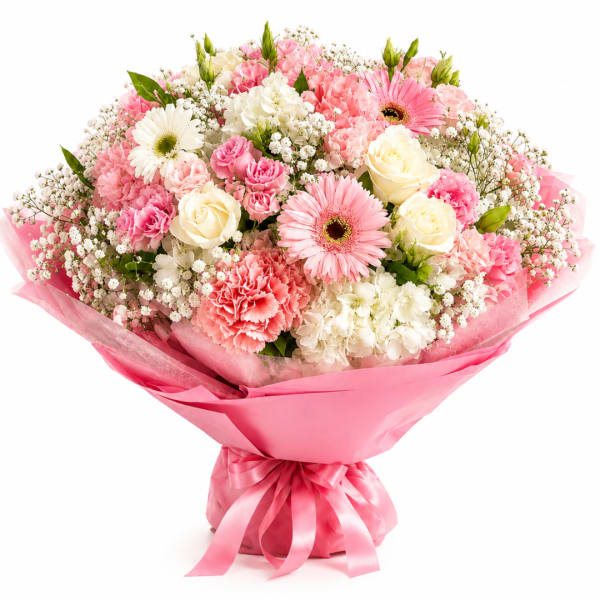 Pink and white mixed bouquet wrapped in pink paper with a ribbon