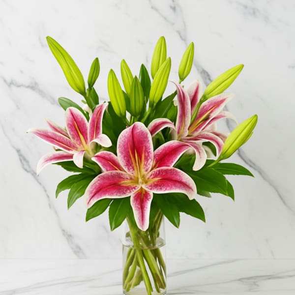 Pink and white lilies in a clear glass vase