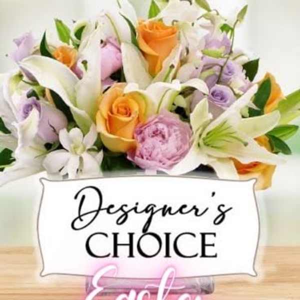 Mixed bouquet of white lilies, orange roses, and lavender flowers