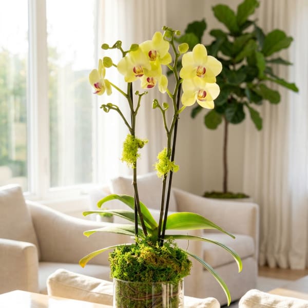 Yellow orchids in a glass vase with moss and stones