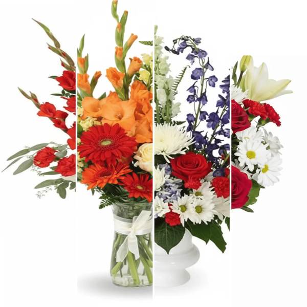 Mixed bouquets with red, orange, purple, and white flowers in glass and white vases