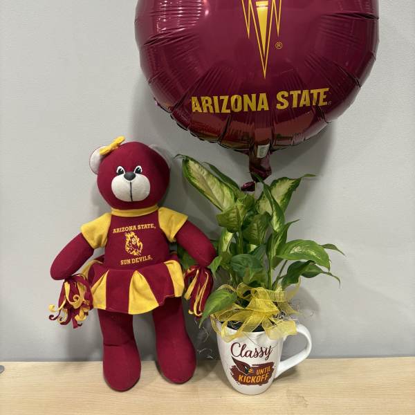 Arizona State balloon, teddy bear, and potted plant in a mug