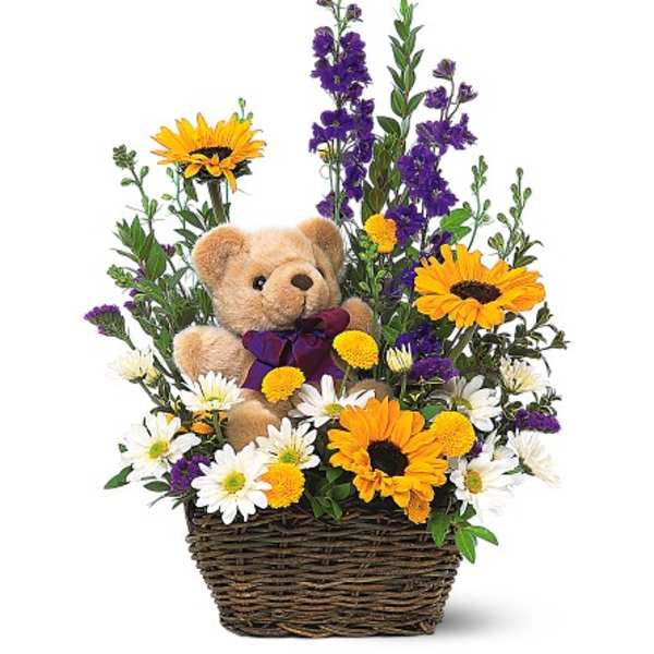 Basket arrangement with a teddy bear surrounded by sunflowers and daisies