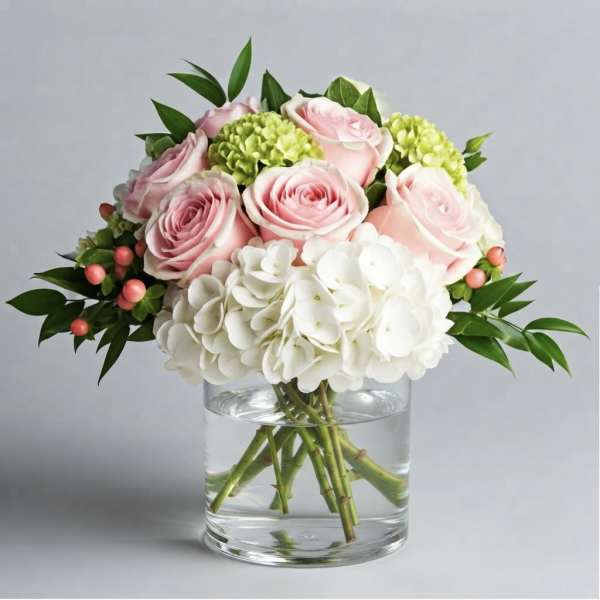 Pink roses and white hydrangeas arranged in a clear glass vase