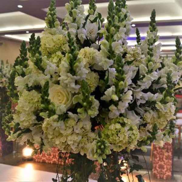 Large white and green floral arrangement with tall spikes and hydrangeas